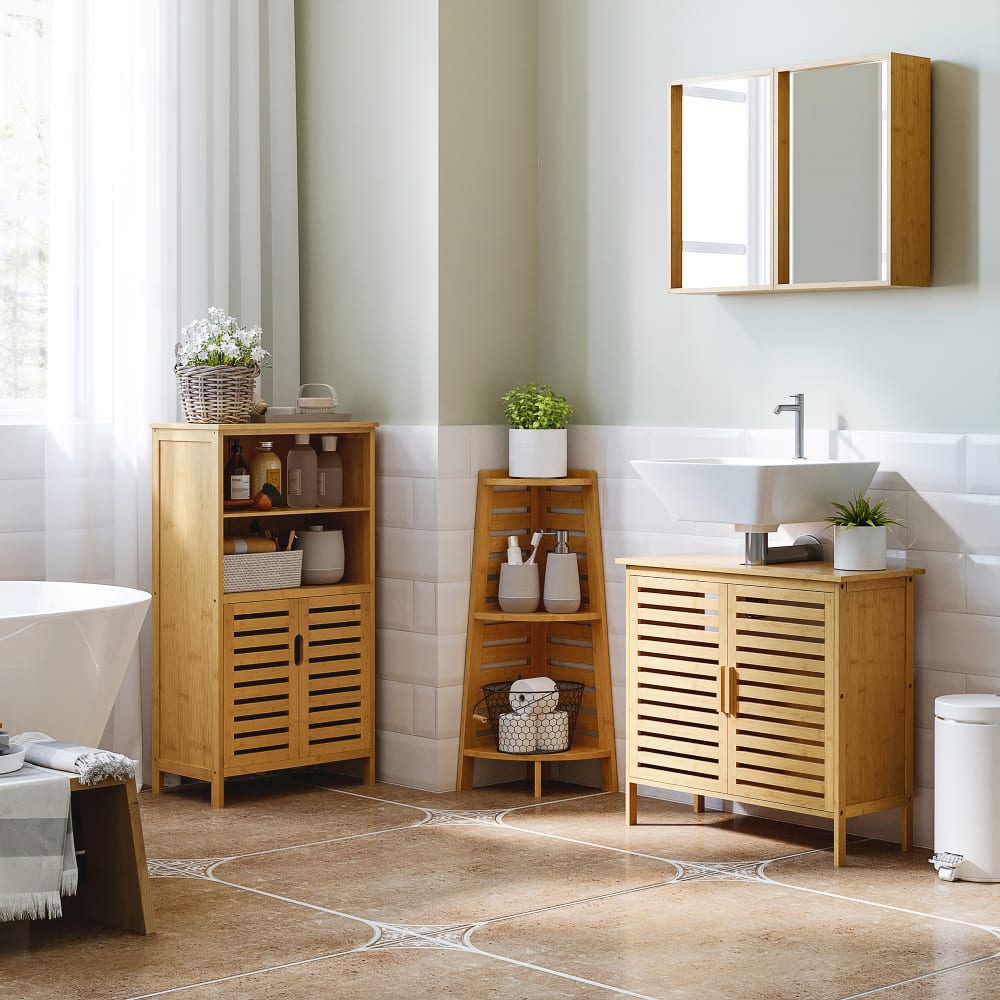 Miroir salle de bain placard 2 portes 2 étagères bambou verni - Maisons du Monde
