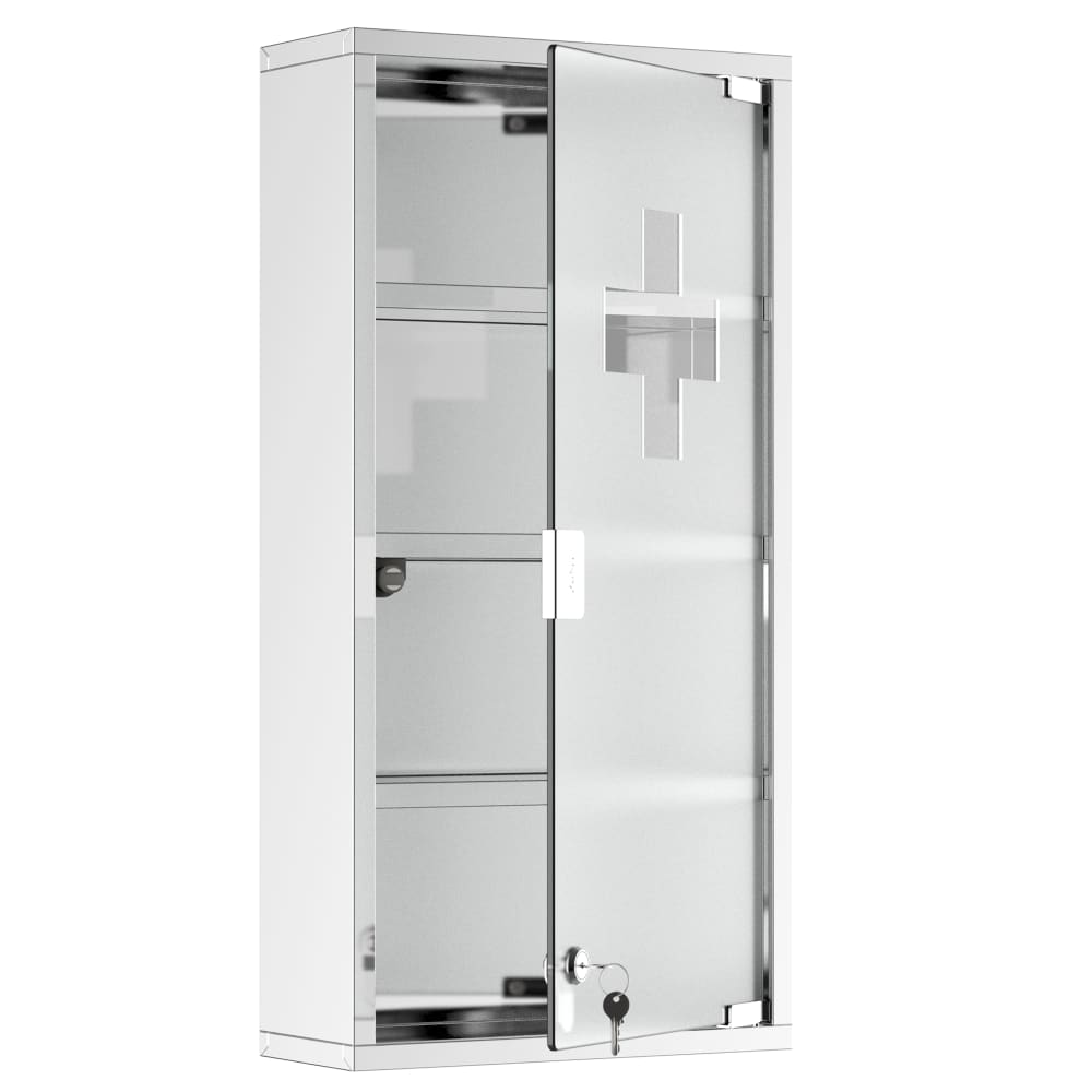 Homcom Medikamentenschrank 3 Fächer, Sicherheitsglas & Kreuzsymbol Grau Stahl