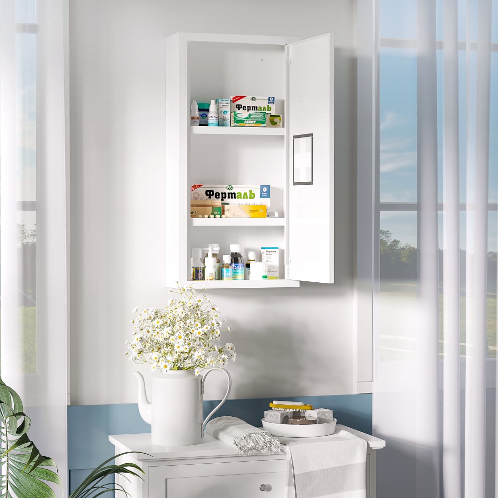 Armoire à pharmacie 2 étagères logo croix transparent acier blanc - Maisons du Monde