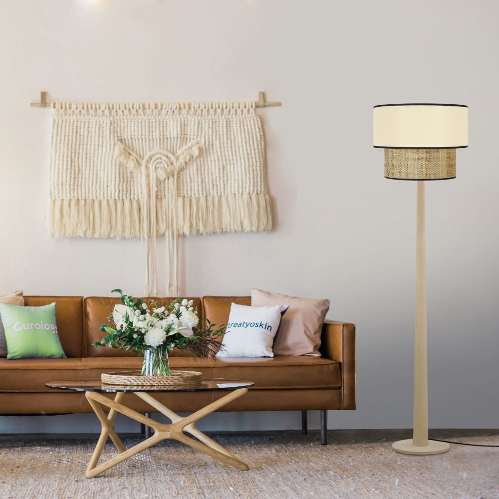 Lampadaire bois naturel abat-jour tissu crème