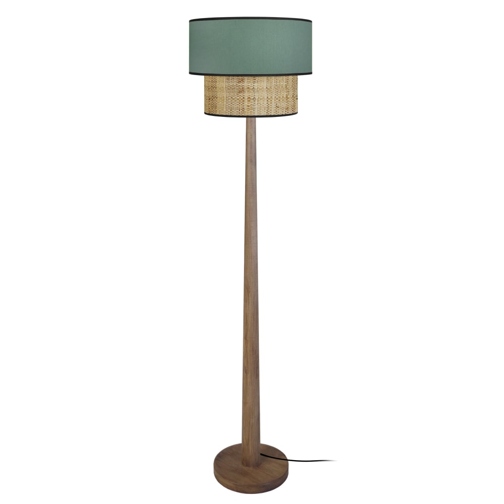 Lampadaire bois foncé abat-jour tissu vert
