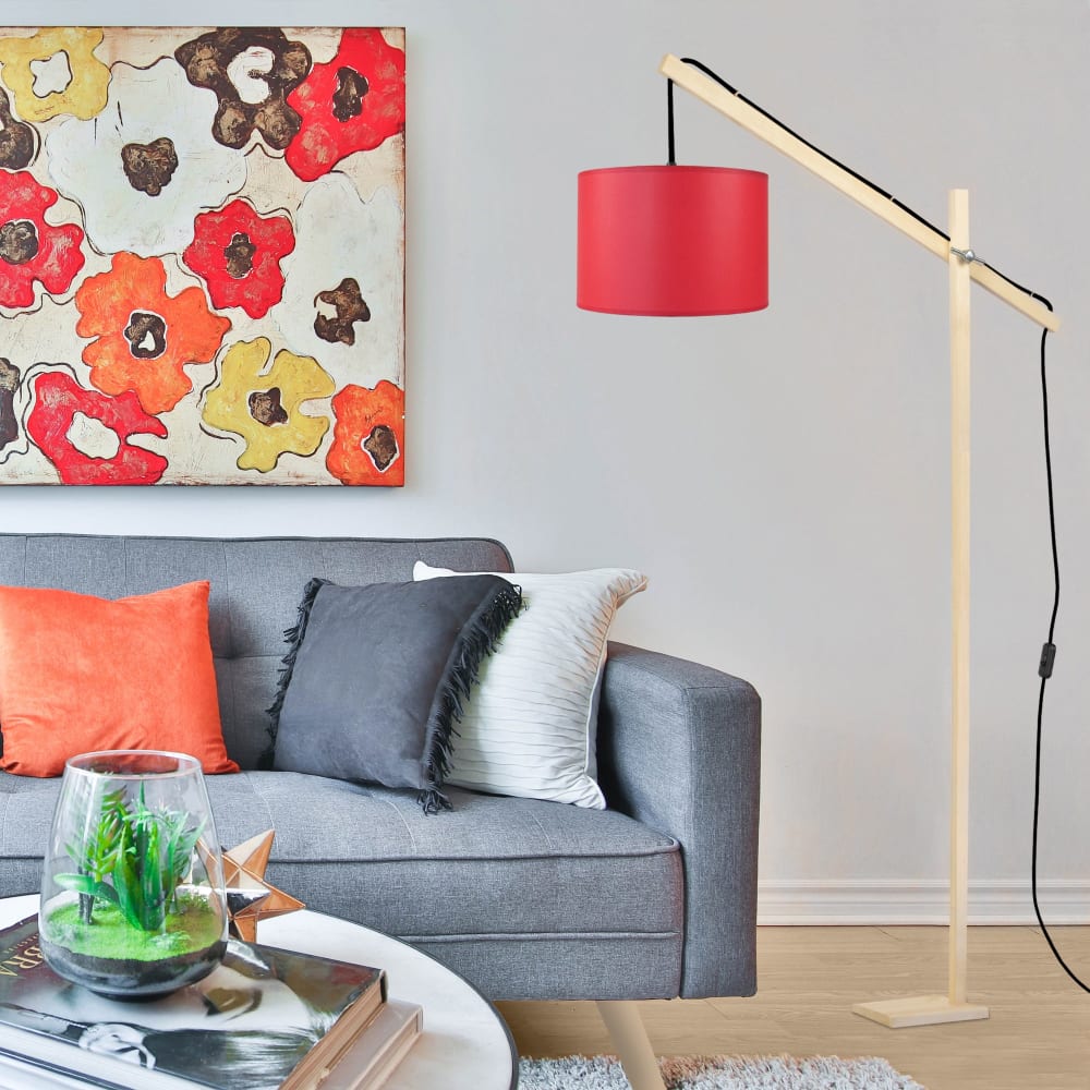 Lampadaire liseuse bois naturel abat-jour rouge