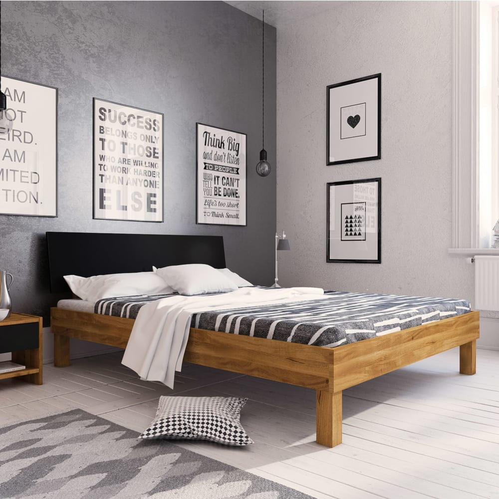 Lit en chêne massif et tête de lit noir bois 140x190 - Maisons du Monde