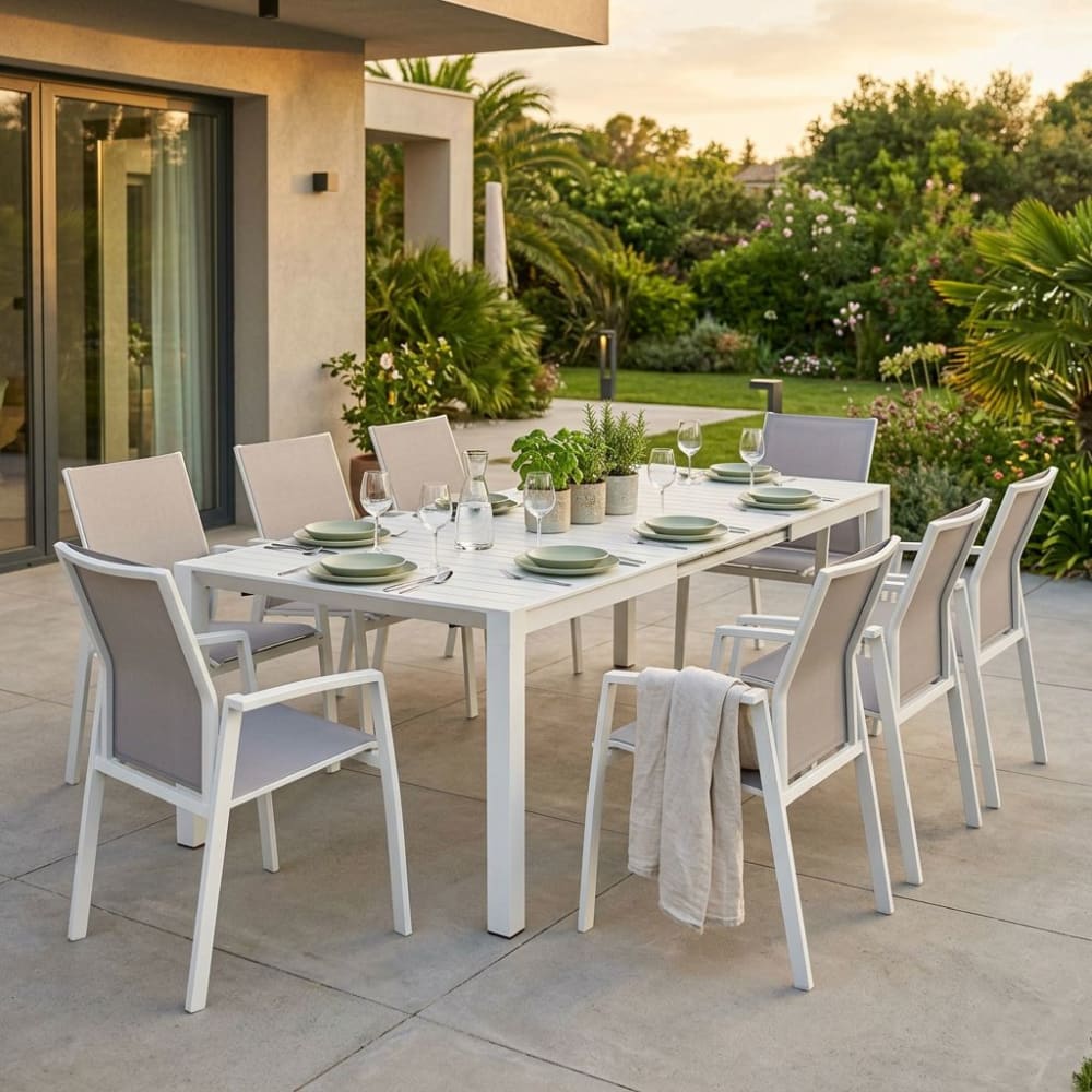 Set tavolo e sedie con 6 sedute in alluminio bianco 100x260x74 -