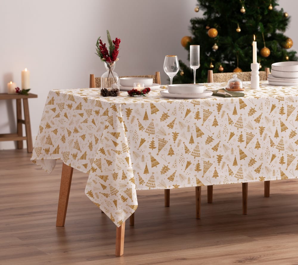 Mantel antimanchas 100% algodón estampado navidad oro 140x140 cm