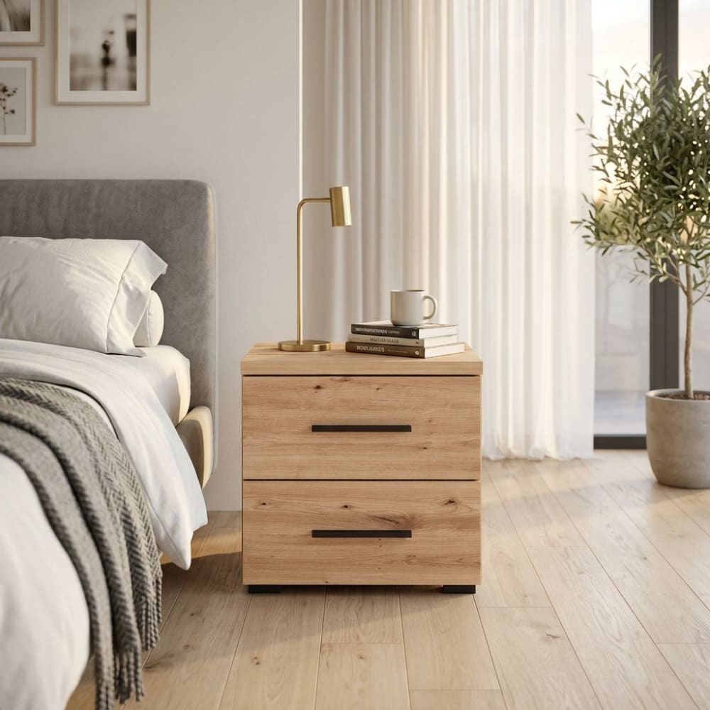Comodino 2 cassetti in truciolare bilaminato rovere 44.5x33.5x43