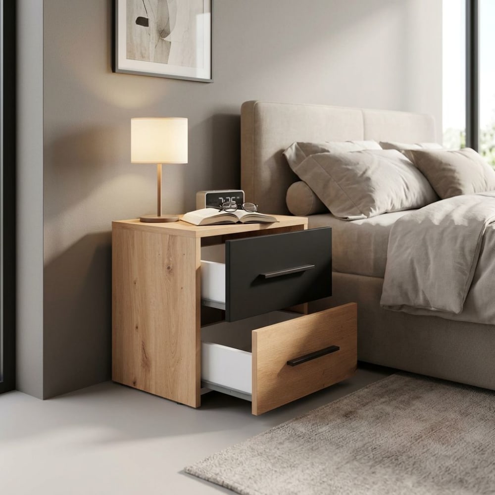 Comodino 2 cassetti in truciolare bilaminato rovere 42x33.2x42.1