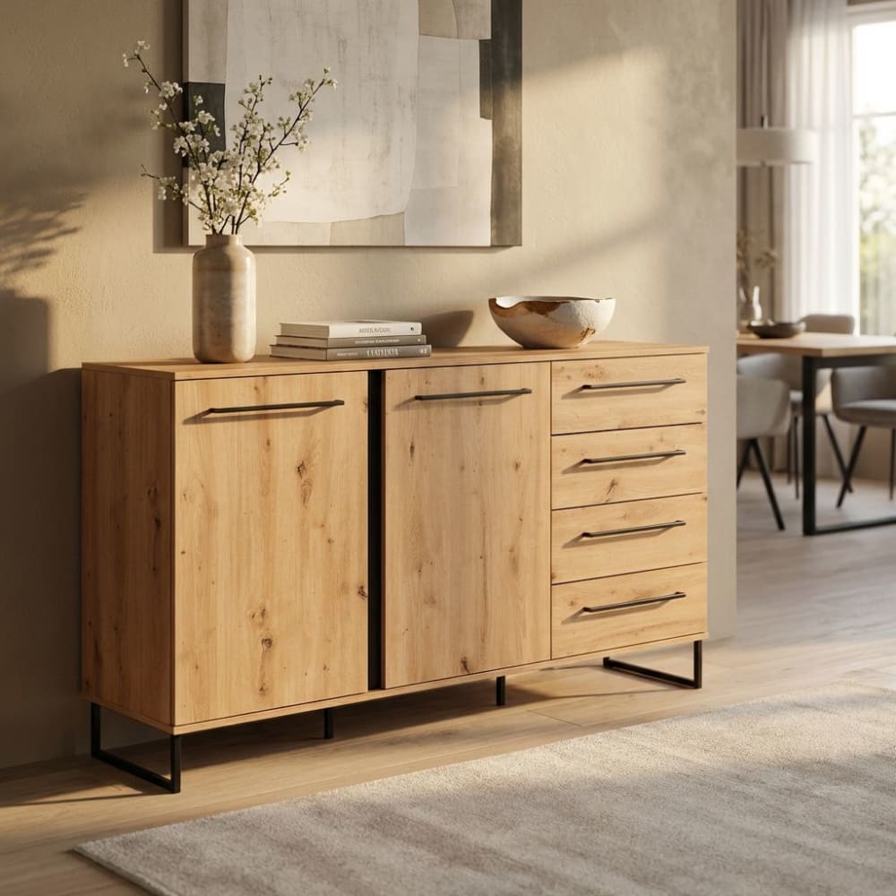 Madia 2 ante in truciolare bilaminato/metallo rovere 159x42x92.5