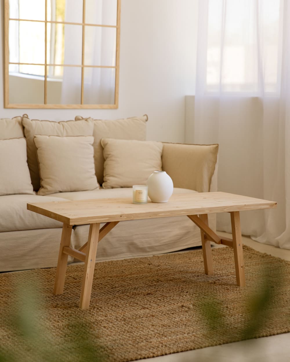 Table basse en bois de sapin marron 120x45cm