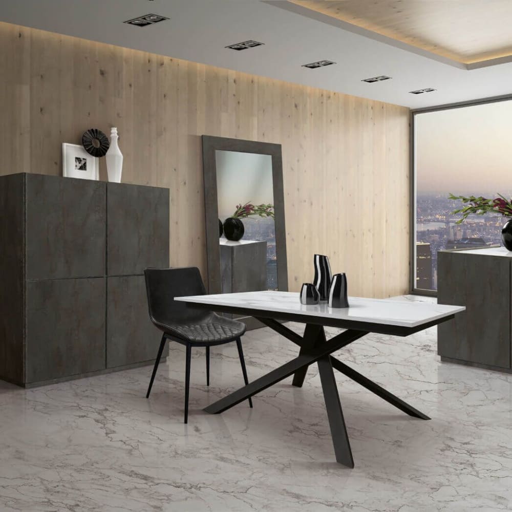 Tavolo da pranzo allungabile in metallo marmo/nero 80x200x77 - Modello Contemporaneo - Grigio - Acciaio