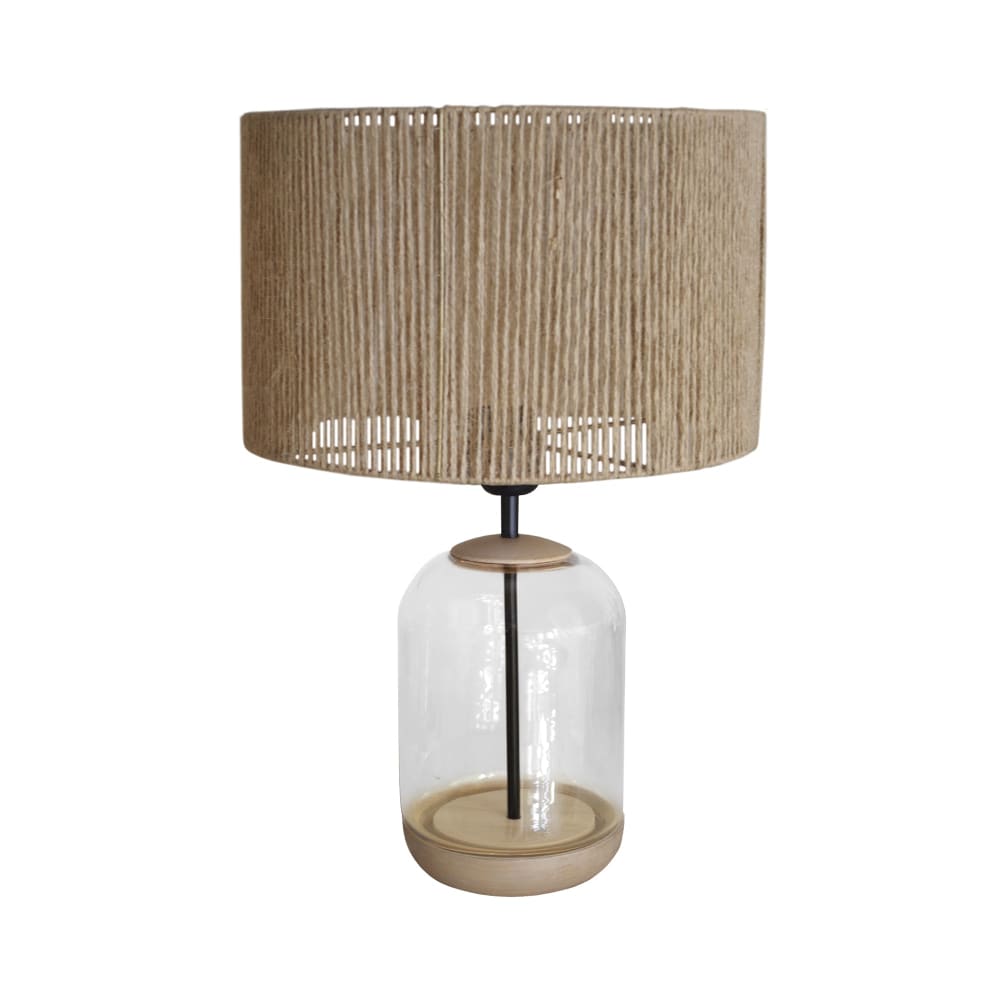 Lampe à poser verre transparent bois naturel abat-jour ficelle beige