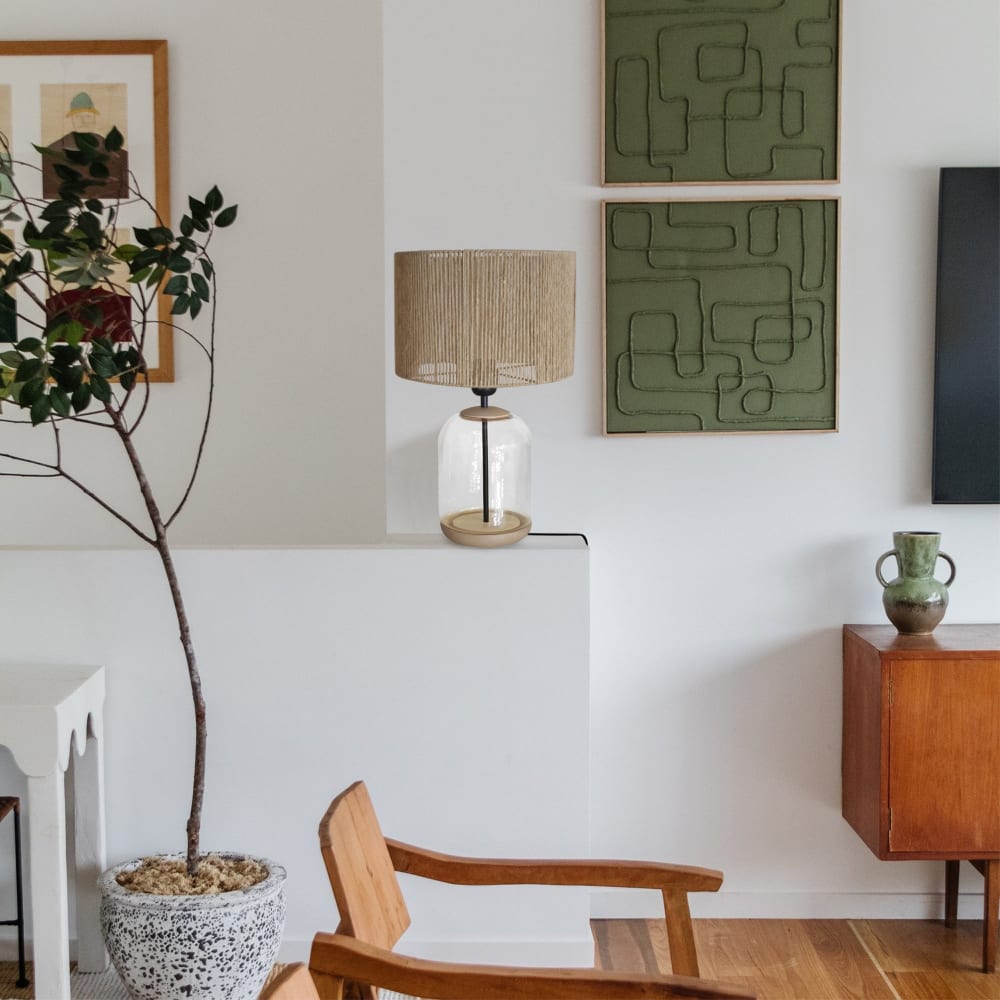 Lampe à poser verre transparent bois naturel abat-jour ficelle beige — vue 3