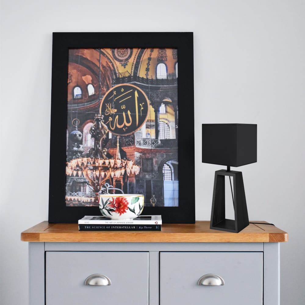 Lampe de table bois noir abat-jour tissu noir