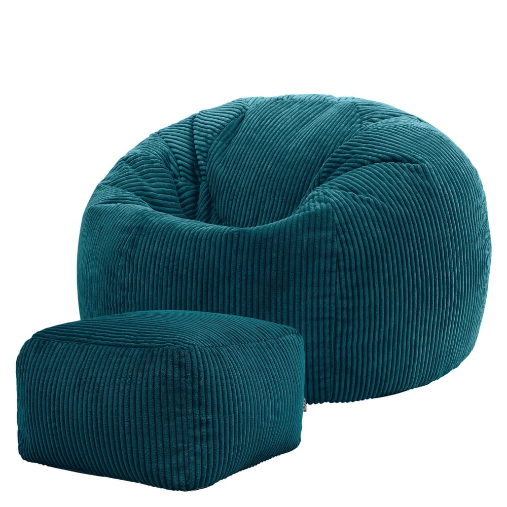 Pouf avec repose-pied carré velours côtelé bleu canard — Beyit