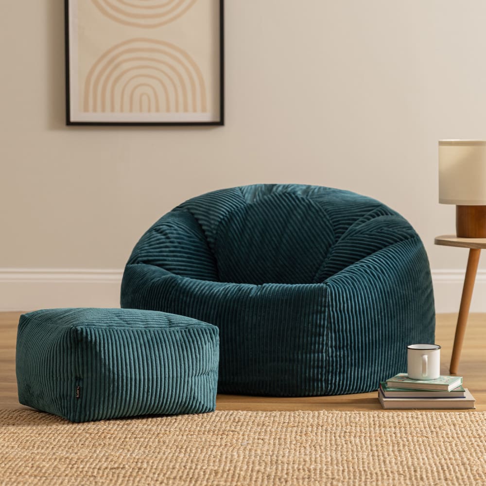 Pouf avec repose-pied carré velours côtelé bleu canard