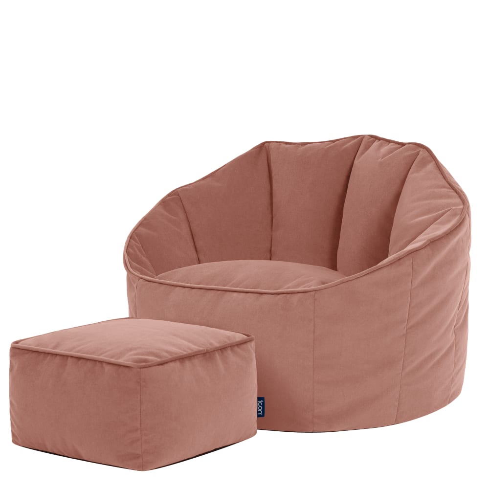 Pouf fauteuil coquillage avec repose-pied carré velours rose aube