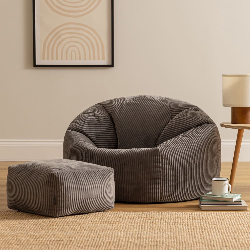 Pouf avec repose-pied carré velours côtelé gris anthracite