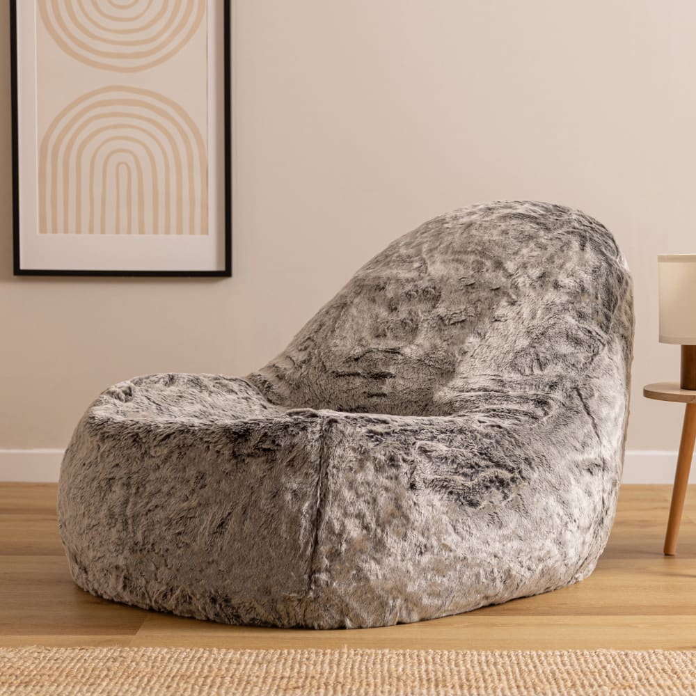 Pouf chauffeuse fausse fourrure gris loup