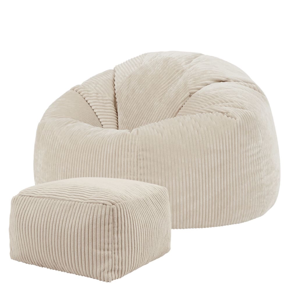 Pouf avec repose-pied carré velours côtelé beige galet — Beyit