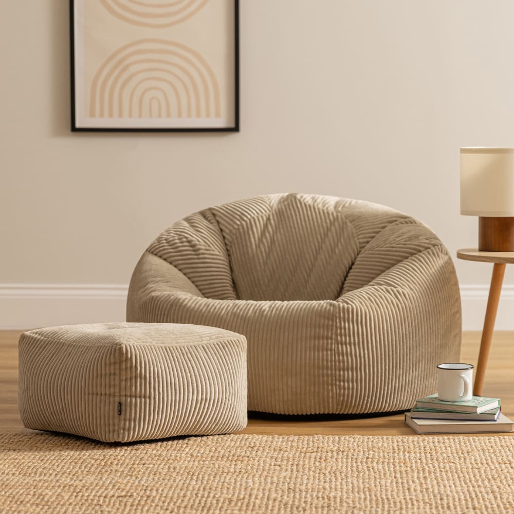 Pouf avec repose-pied carré velours côtelé beige galet