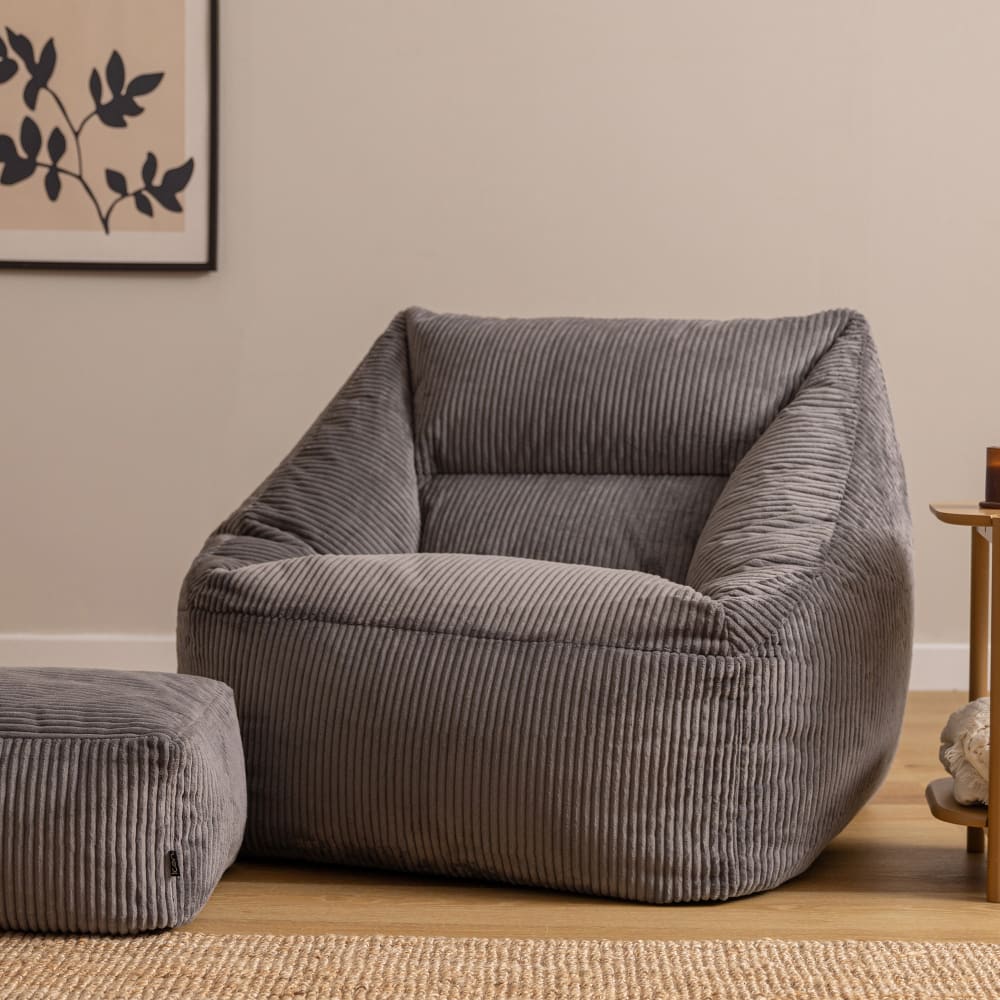 Pouf fauteuil avec repose-pied carré velours côtelé gris anthracite