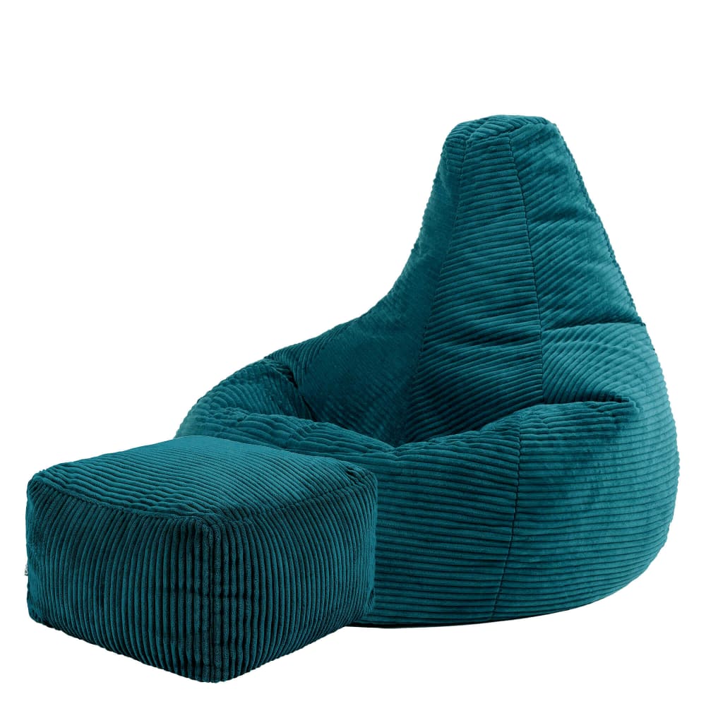 Pouf poire à dossier haut avec repose-pied velours côtelé bleu canard — Beyit