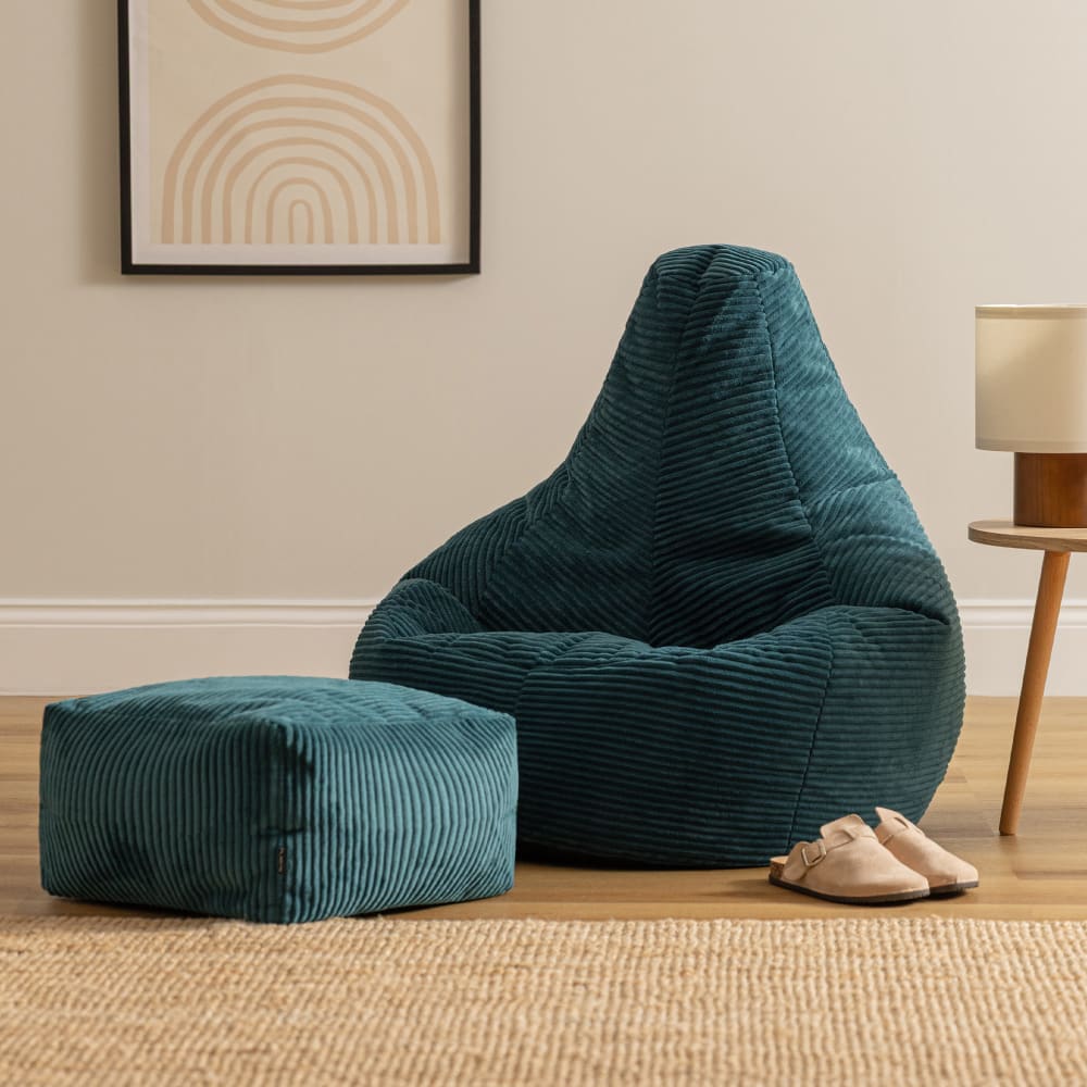 Pouf poire à dossier haut avec repose-pied velours côtelé bleu canard