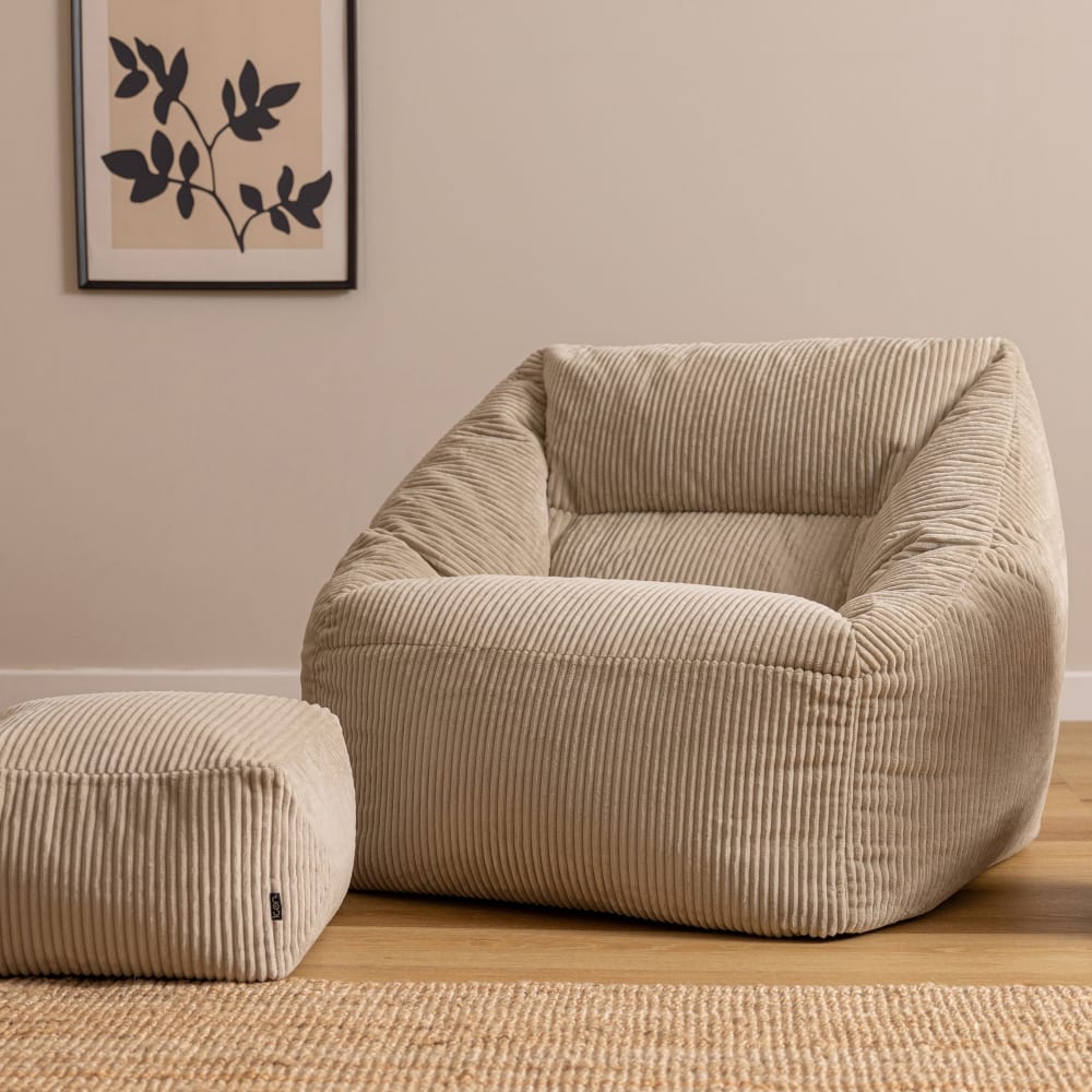 Pouf fauteuil avec repose-pied carré velours côtelé beige galet