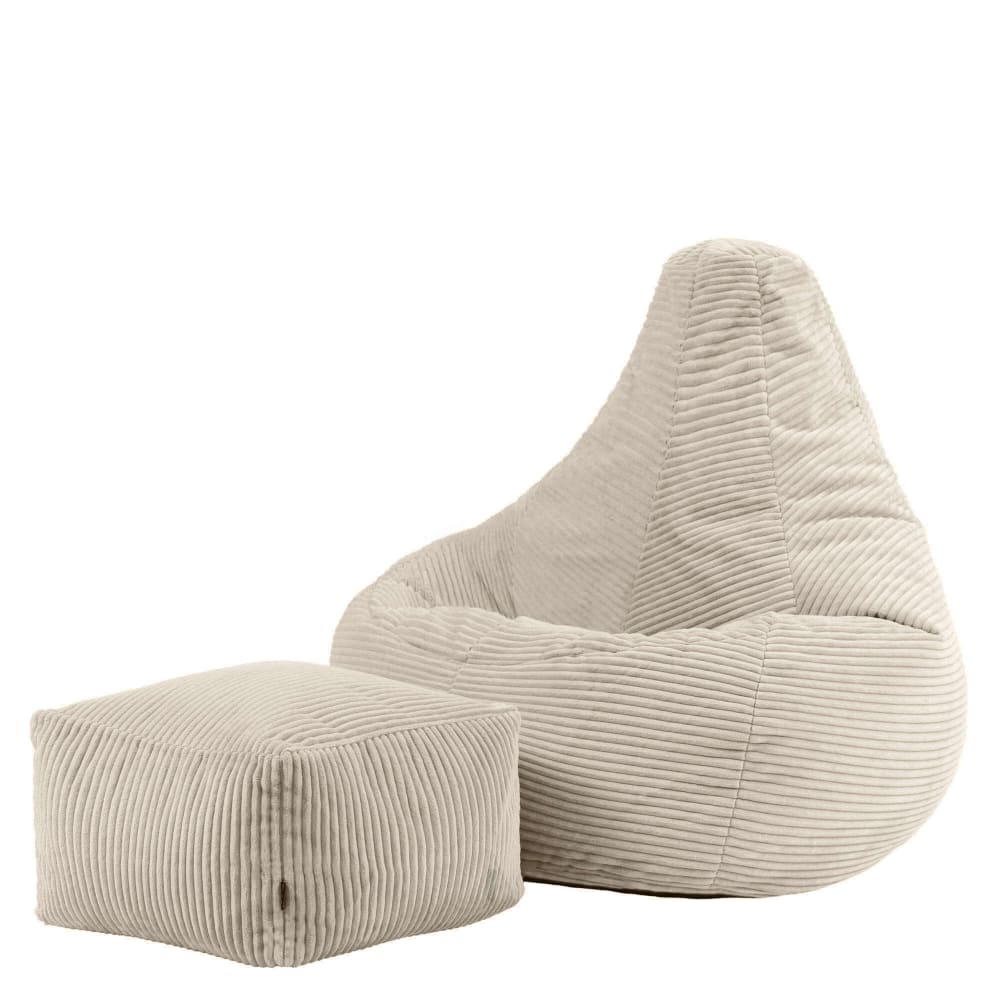 Pouf poire à dossier haut avec repose-pied velours côtelé beige galet — Beyit
