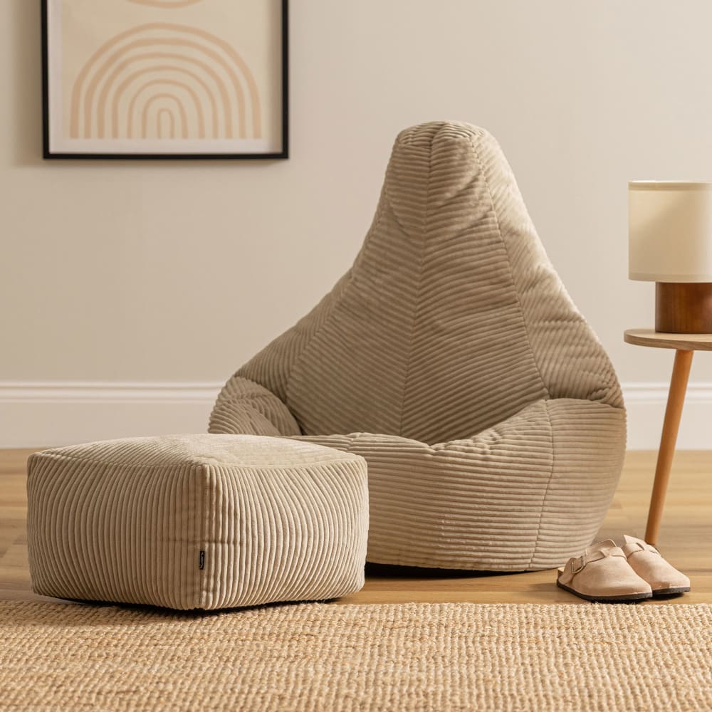 Pouf poire à dossier haut avec repose-pied velours côtelé beige galet