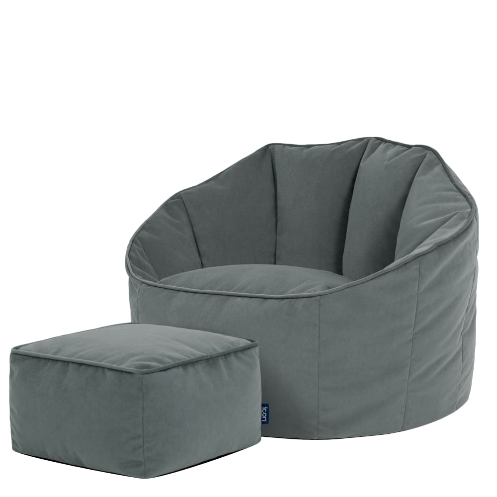 Pouf fauteuil avec repose-pied carré velours gris anthracite