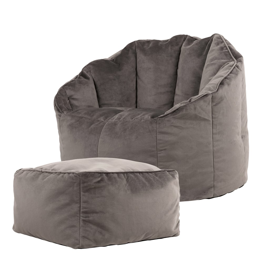 Pouf fauteuil avec repose-pied velours gris anthracite — Beyit