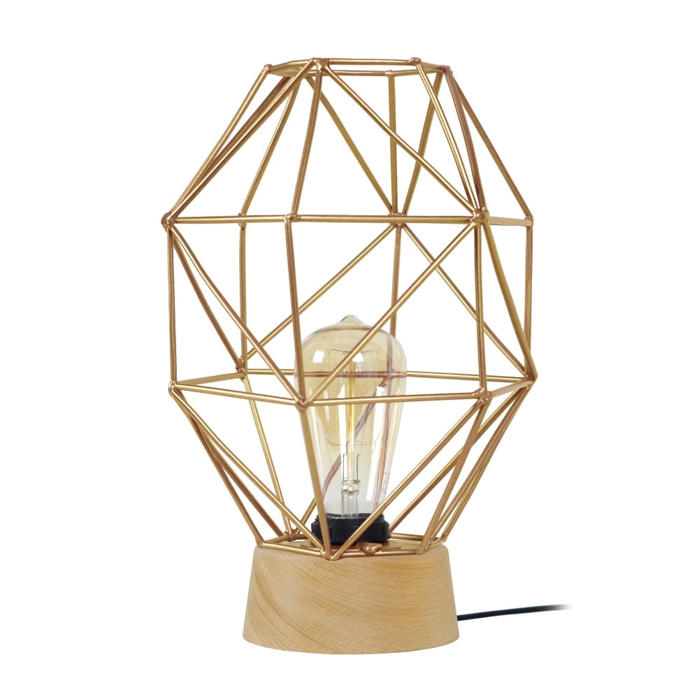 Lampe de table bois naturel abat-jour métal or