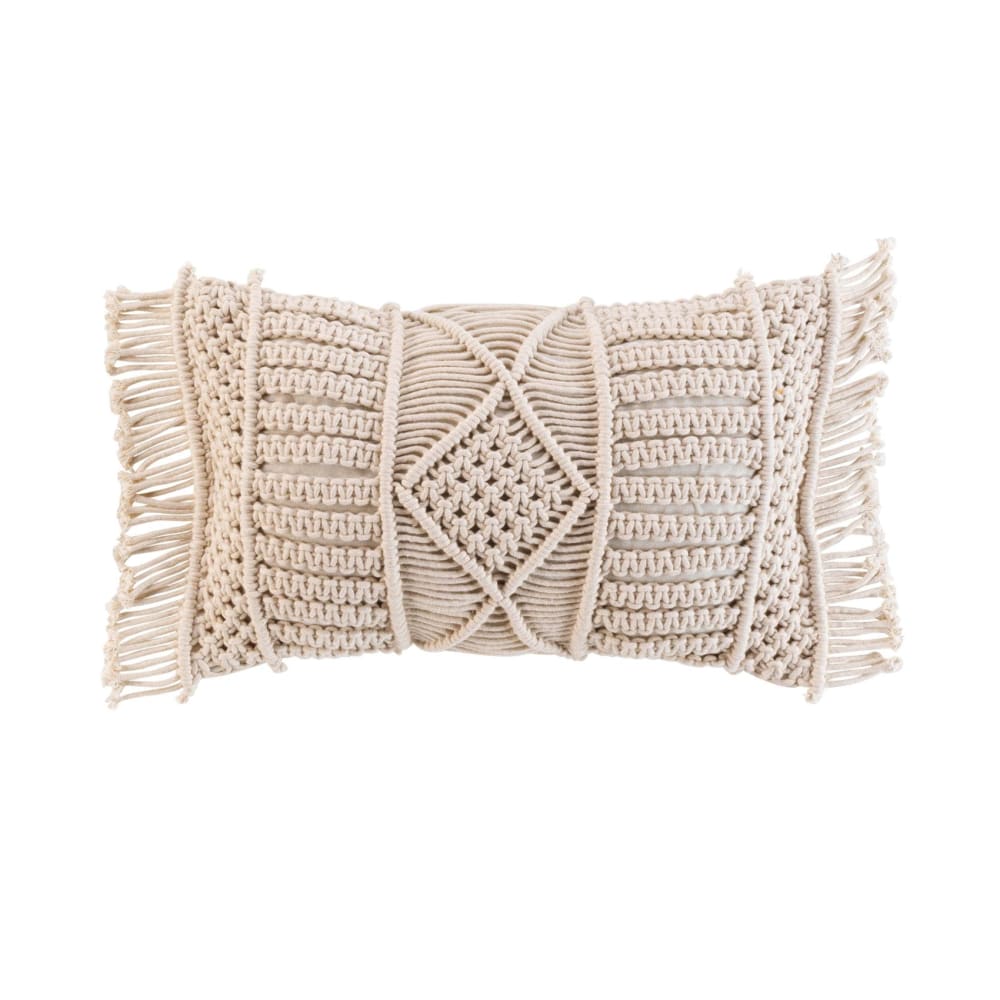 Coussin déhoussable avec franges et macramé coton naturel 30x50 cm