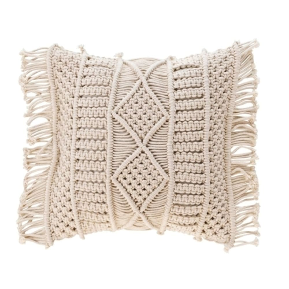 Coussin déhoussable avec franges et macramé coton naturel 40x40 cm