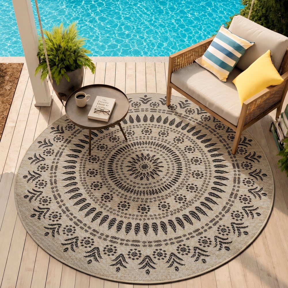 Alfombra redonda exterior/interior efecto yute beige/negro ø 100