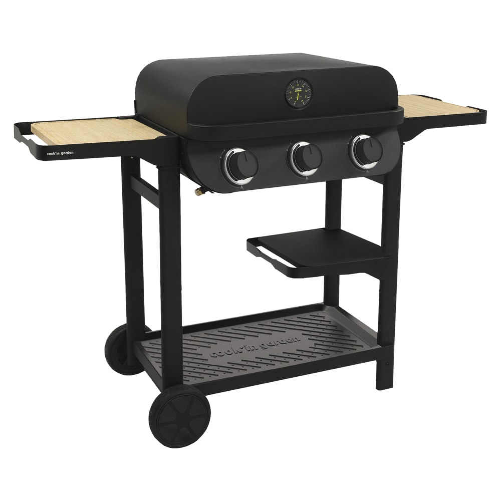 Barbecue au gaz sur chariot 3 brûleurs en inox noir