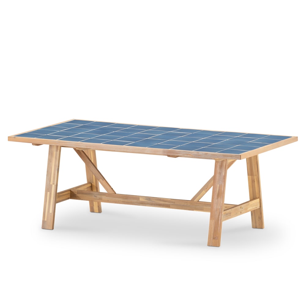 Mesa de comedor de jardín de madera y cerámica azul 205x105