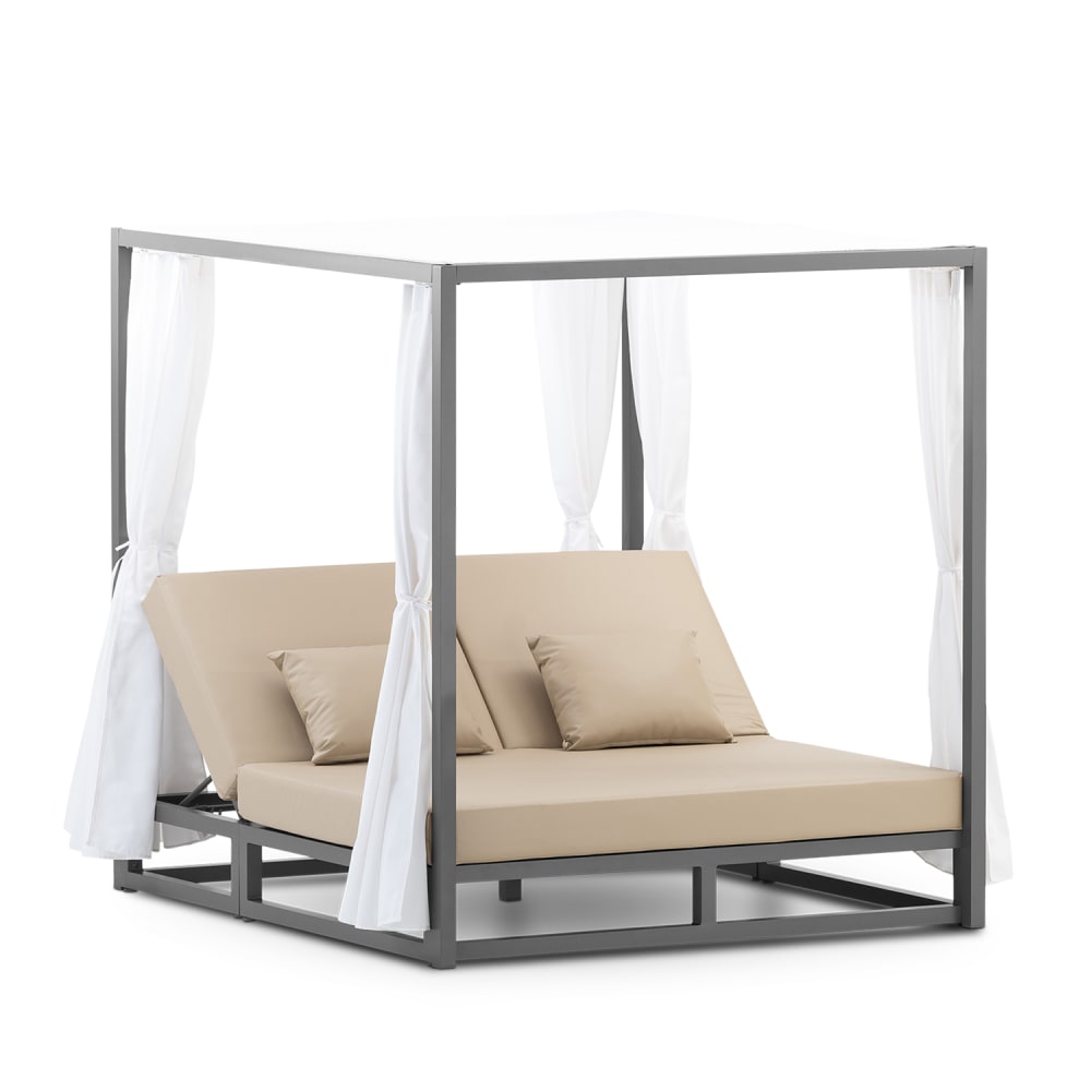 Lit en aluminium anthracite balinais et coussins beiges