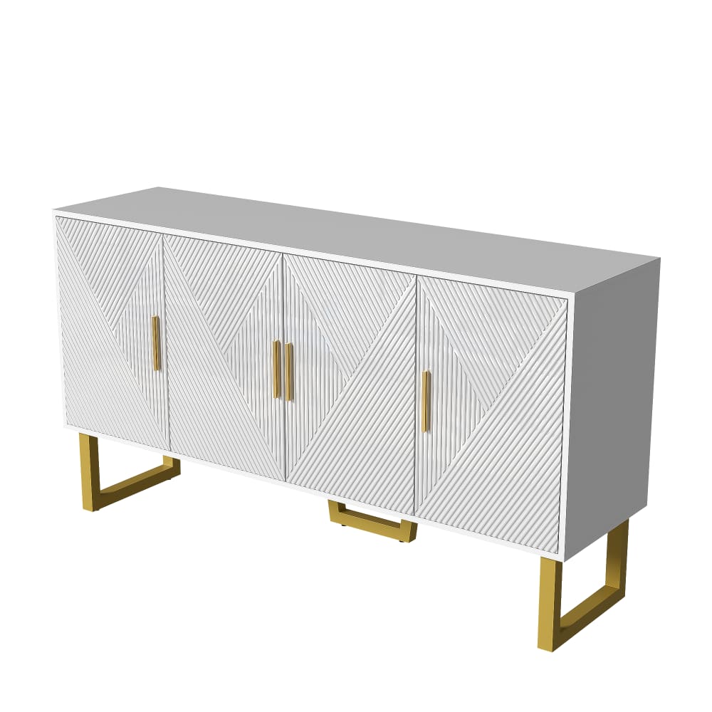 Console blanche et dorée en bois avec 4 portes design géométrique