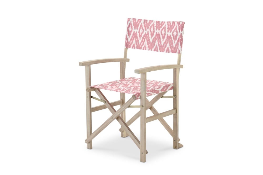 Fauteuil directeur tissu de jardin kilim corail bois couleur claire