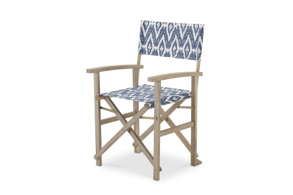 Directeur de jardin fauteuil tissu kilim bleu bois couleur claire