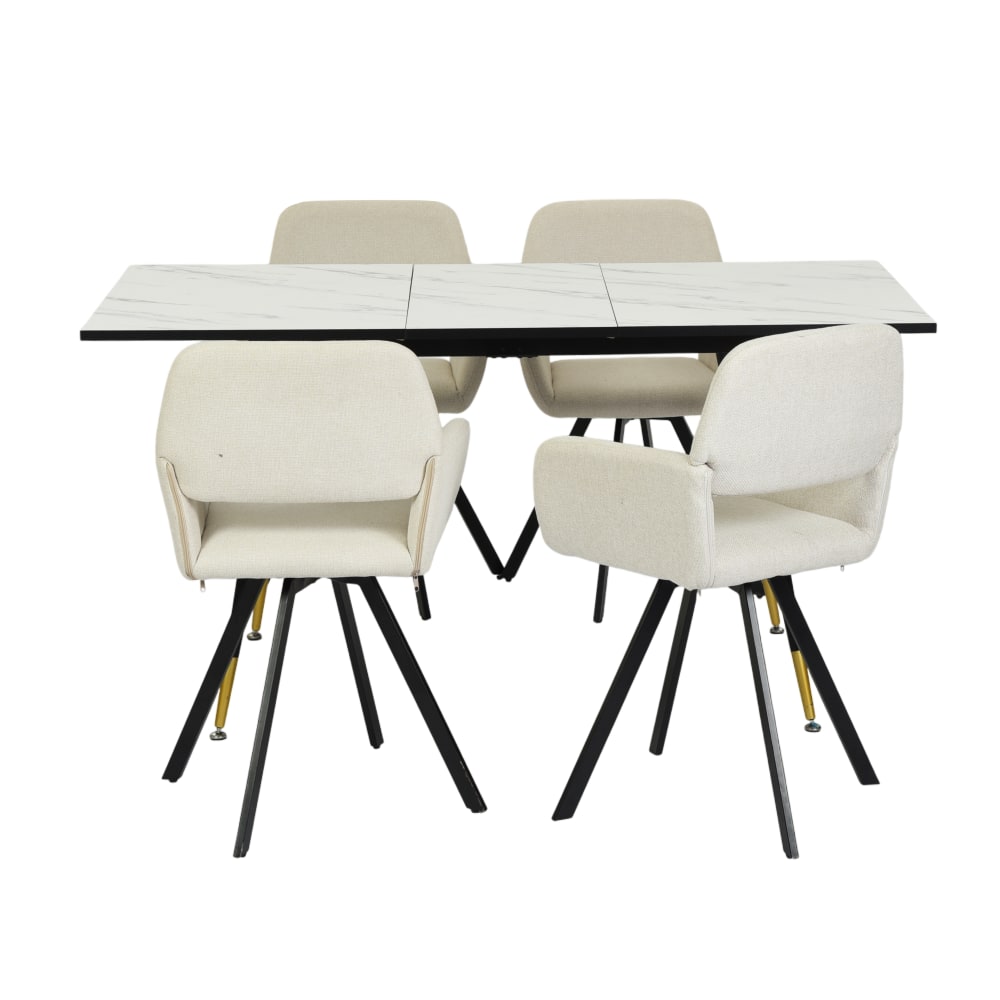 Ensemble repas marbre blanc et 4 chaises pivotantes en tissu beige