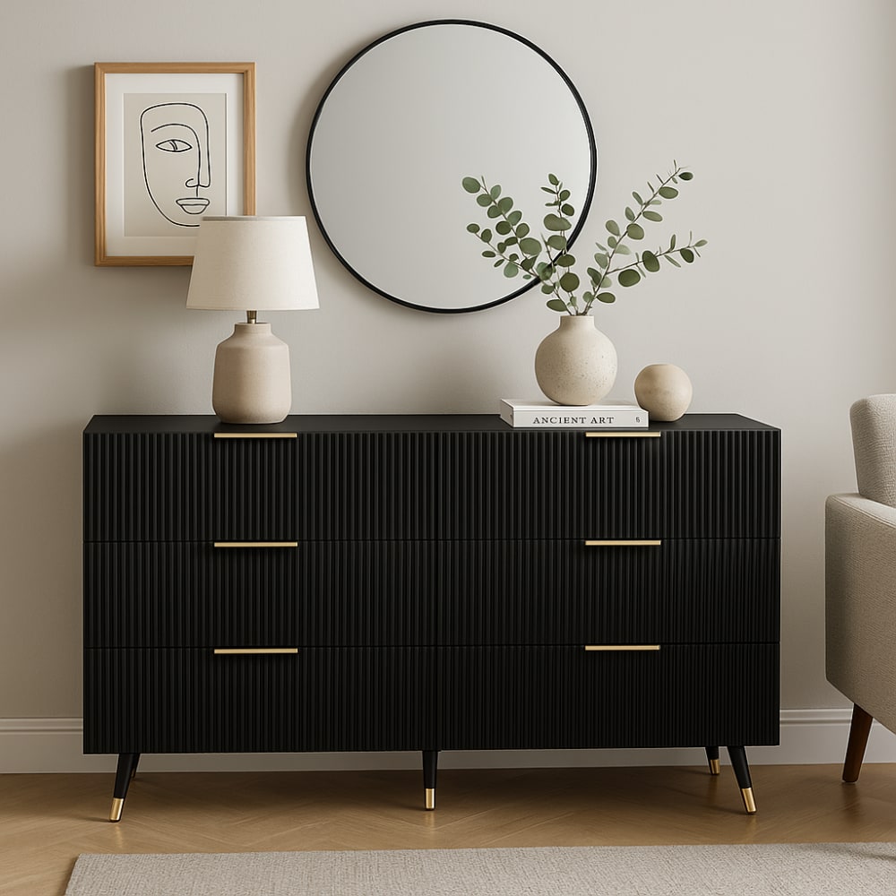 Consola negra con cajones ranurados y tiradores dorados. - Maisons du Monde