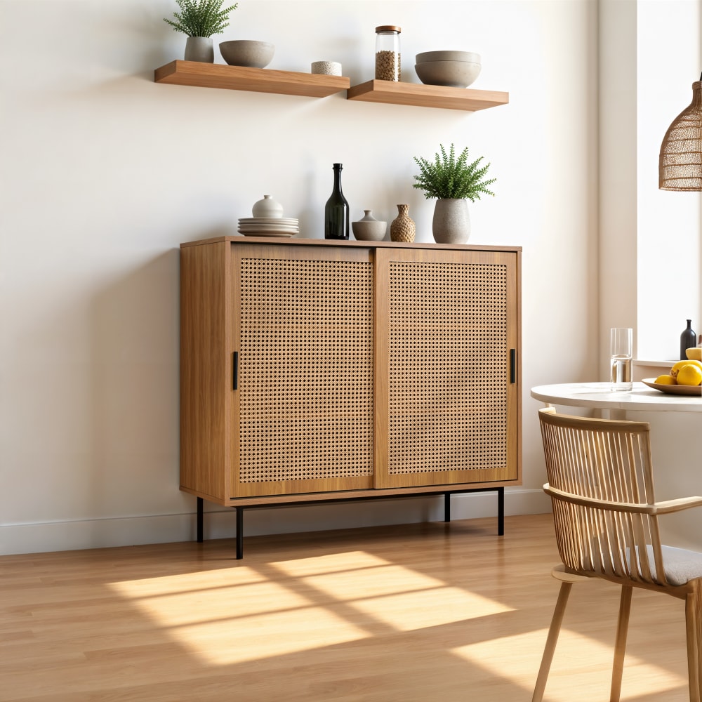 Buffet de cuisine en bois avec portes cannage