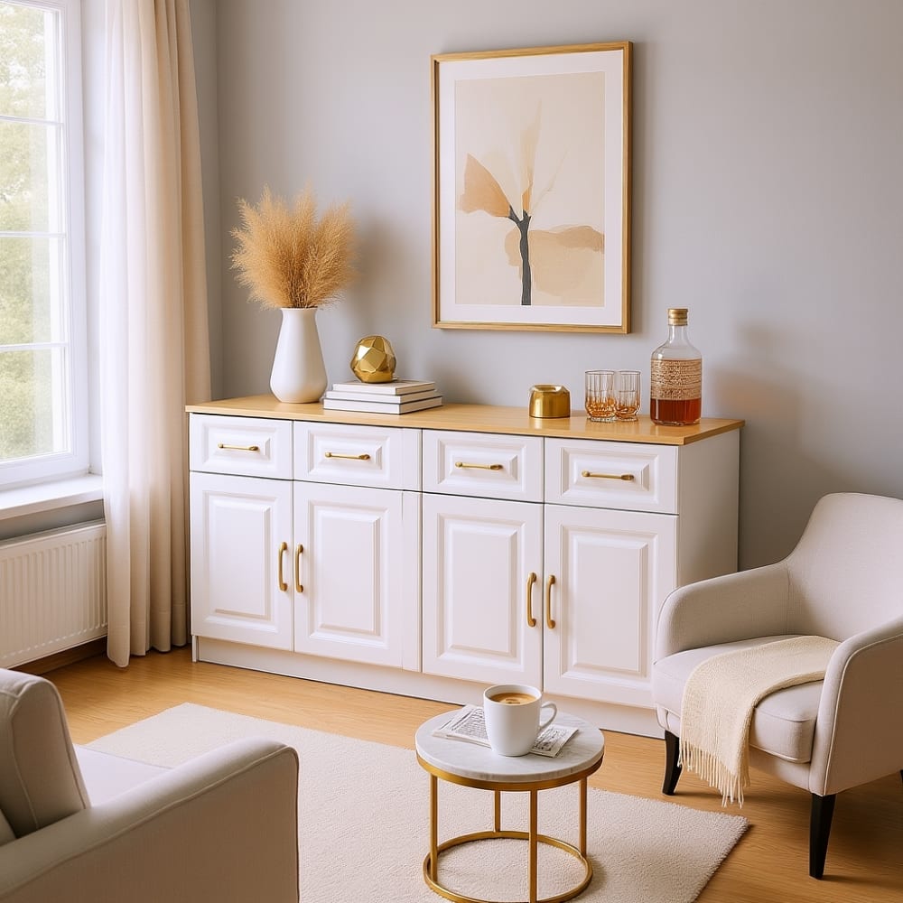 Urban Meuble Konsole aus Weiß und Holz mit 4 Schubladen und 4 Türen style classic chic Weiß Spanplatte