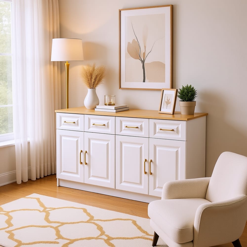 Consola blanca y madera con 4 cajones y 4 puertas - Maisons du Monde