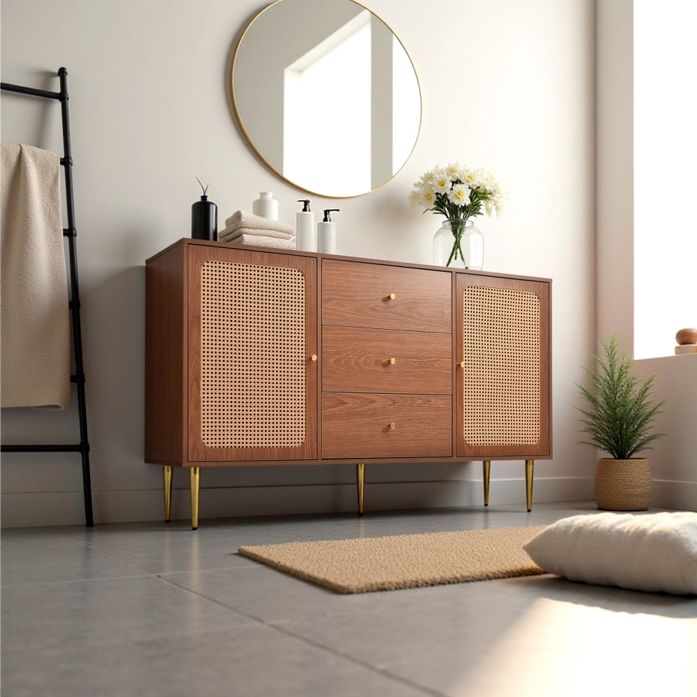 Mobiletto da bagno in legno con ante in canna - Urban Meuble