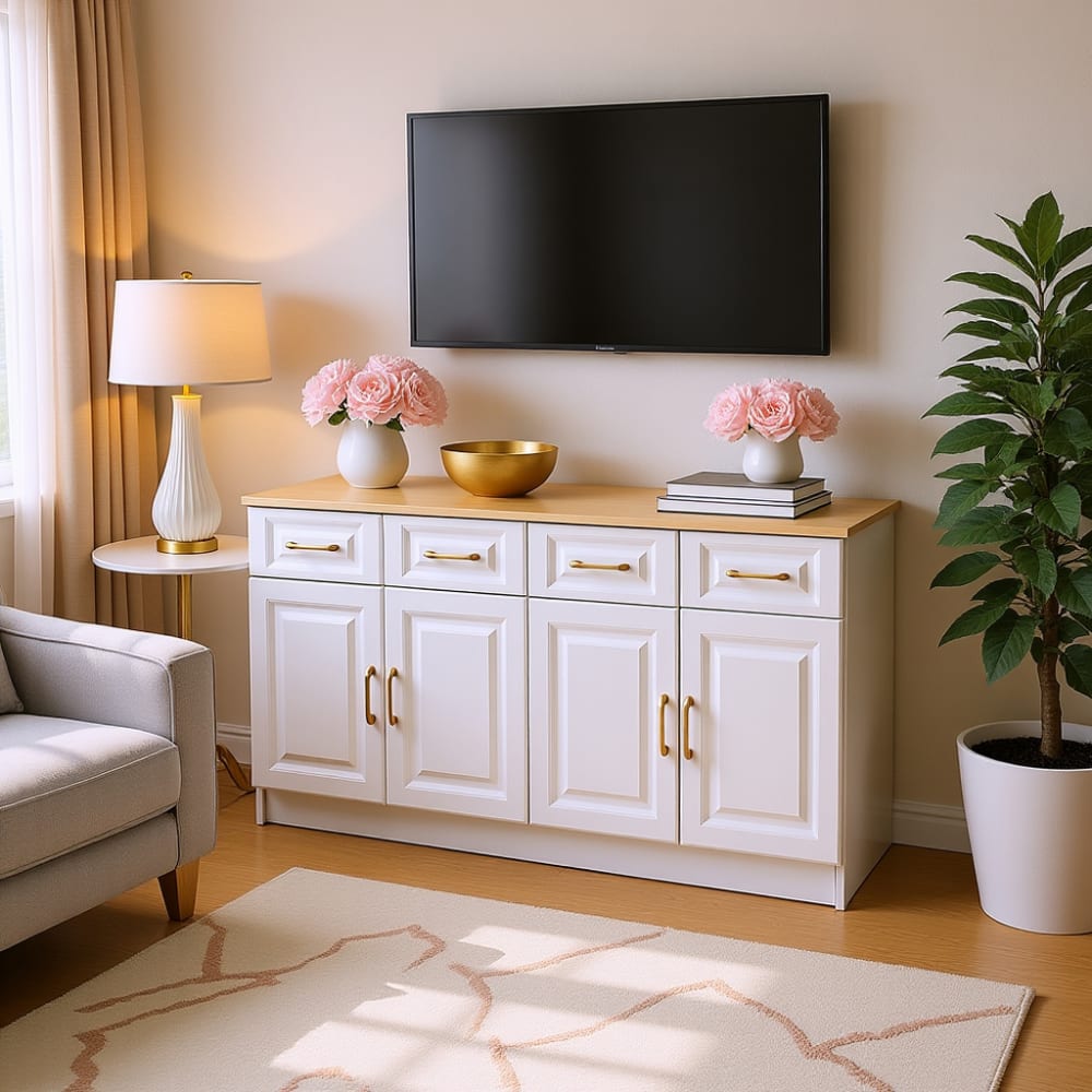 Mueble de TV blanco y madera con 4 cajones y 4 elegantes puertas - Maisons du Monde