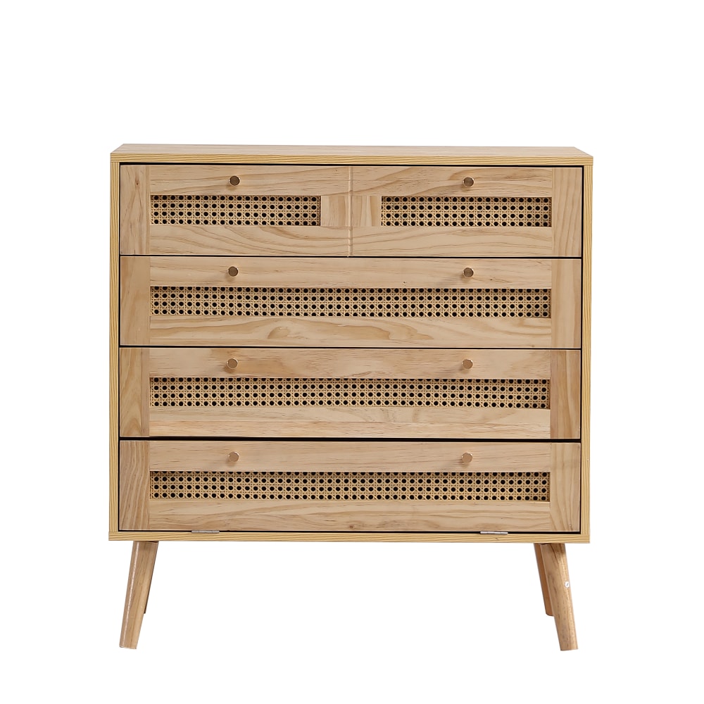 Vitrine en bois naturel 5 tiroirs avec niches ouvertes cannage